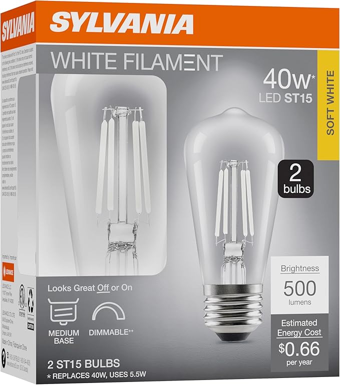 Sylvania ST15 Clear LED White Filament Bulb, 5.5W, Dimmable, 500 LMS, Medium Base, 2700K, Soft White - 2 Pack (42268)