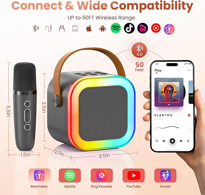 Mini Karaoke Machine for Kids Adults, 2026 TOP Birthday Gifts for Girls Boys 3,4,5,6,7,8+Year Old Toddler Toys, Portable Bluetooth Speaker with 2 Wireless Karaoke Microphones Player (Grey)