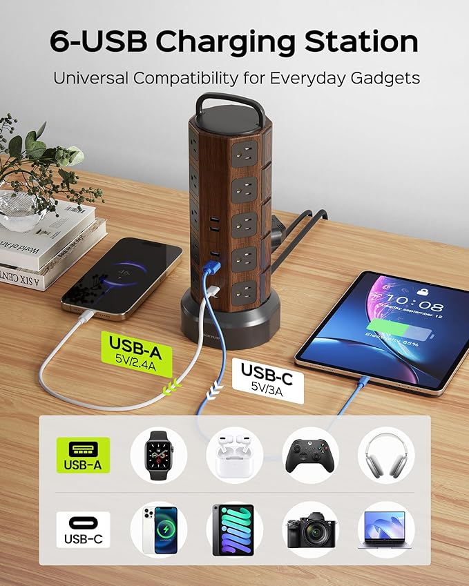 Power Strip Tower Surge Protector 1050J, 20 AC Outlets 6 USB Ports, 13A Desktop Electrical Charging Station, 6.5ft Heavy Duty Extension Cord, for Home, Office, Garage, Black Walnut