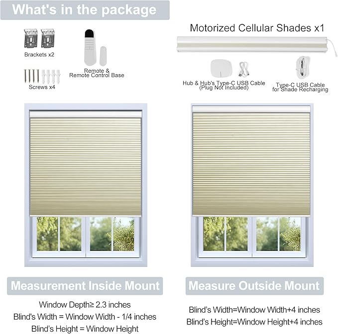 BERISSA Motorized Cellular Shades, Blackout Smart Honeycomb Blinds with Remote Control & Hub, Custom Room Darkening Automatic Cellular Window Blinds for Home Office, Living Room, Door,Beige