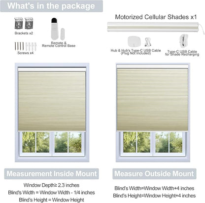 BERISSA Motorized Cellular Shades, Blackout Smart Honeycomb Blinds with Remote Control & Hub, Custom Room Darkening Automatic Cellular Window Blinds for Home Office, Living Room, Door,Beige