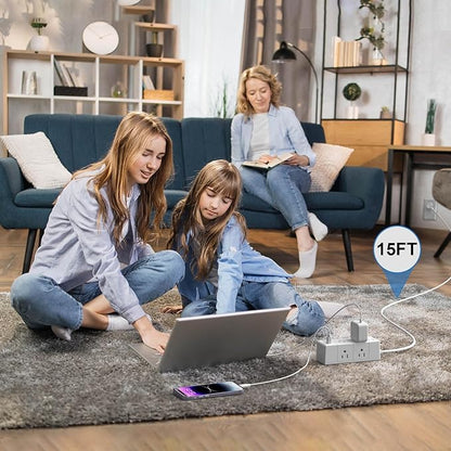 15Ft Extension Cord Flat Plug Power Strip - Tcstei 3-Side Outlet Extender with 6 AC Outlets and 3 USB Ports (1 USB C), Compact for Home, Office, Dorm Room Essentials, White
