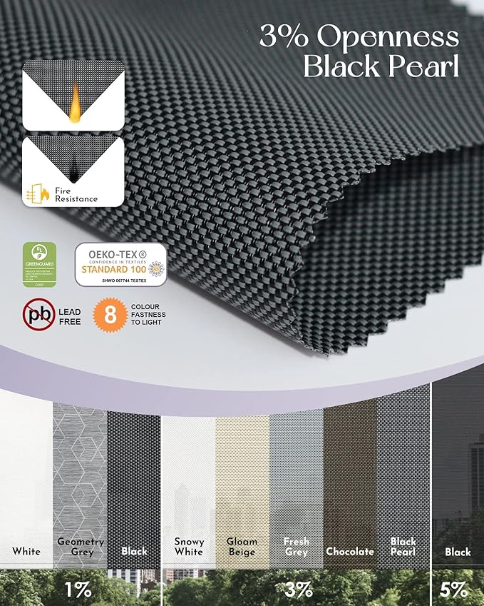 Graywind Motorized Outdoor Shades for Patio, Work with Alexa & Google, Solar Powered Electric Roller Shades for Outside, Custom Size (3% Openness, Black Pearl)