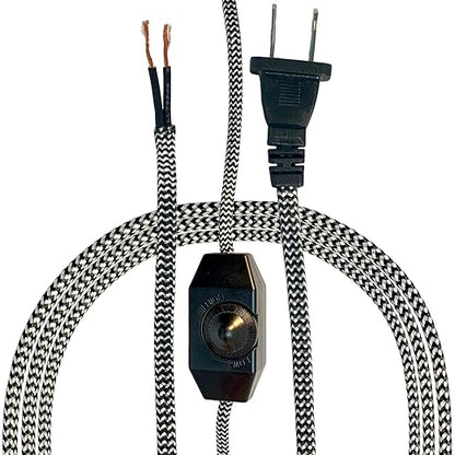 Royal Designs, Inc. Lamp Cord Molded Plug with Dimmer Switch, Stripped Ends Ready for Wiring, 8 ft long, Black/White, SPT-1 UL Listed (CO-5001D-BLK/WH-8-1)