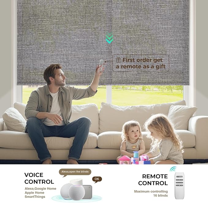 HeyBlinds Motorized Blinds with Remote, Smart Roller Shades with App & Voice Control, Work with Alexa Google HomeKit, Light Filtering Custom Window Shades for Living Room Office (Grace-Stormy Gray LF)