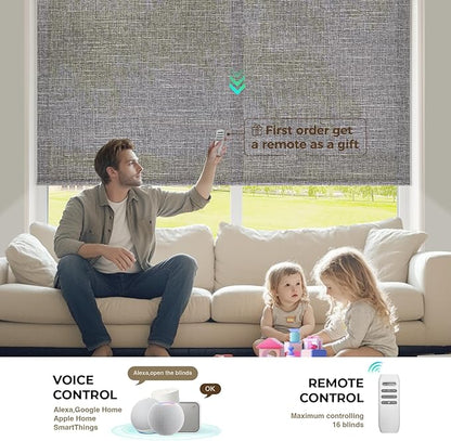 HeyBlinds Motorized Blinds with Remote, Smart Roller Shades with App & Voice Control, Work with Alexa Google HomeKit, Light Filtering Custom Window Shades for Living Room Office (Grace-Stormy Gray LF)