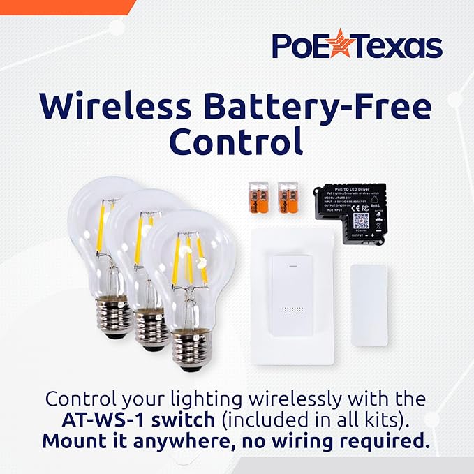 PoE Texas - PoE Lighting Plug and Play Kit with 24V LED Driver, 3X 2700K 6W LED Light Bulbs, Wireless Light Switch - Efficient 6 Watt led Light Bulbs, 40 Watt Equivalency, Soft Warm White A19 Bulb