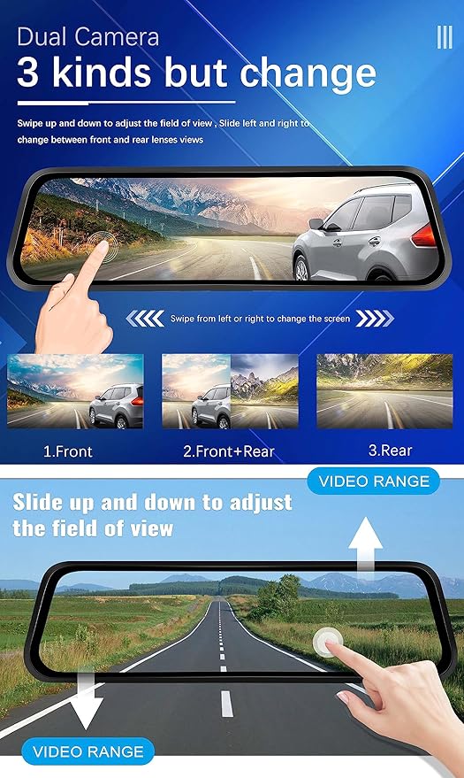 CAMECHO 4K Mirror Dash Cam with BSD, Smart Rear View Mirror Camera with WiFi, 9.66 inches Full Touch Screen, Dash Camera for Cars, GPS, HDR Night Vision, G-Sensor, Loop Recording