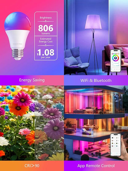 Brizled Smart Light Bulbs, Color Changing Light Bulb, RGBWW LED Light Bulbs App Control, E26 A19 Dimmable Smart Bulb Work with Alexa Google Home, 2.4Ghz WiFi Light Bulb, Music Sync, 9W, 806 LM, 4 Pack