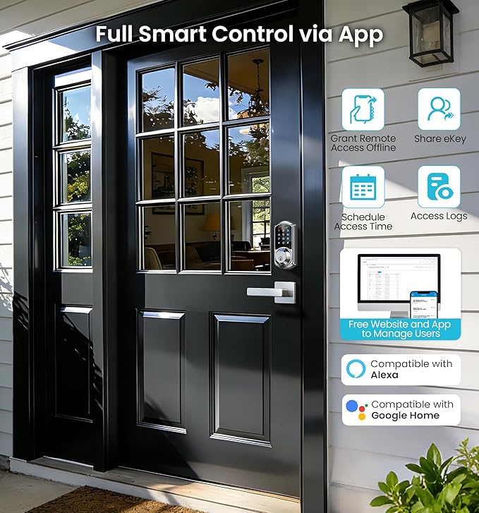 Veise VE07-L Fingerprint App Control Smart Locks with Heavy-Duty Zinc Alloy Handles, Keyless Entry for Front Door, Digital Electronic Touchscreen, Auto Lock, Waterproof, Easy Install, Satin Nickel