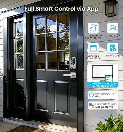 Veise VE07-L Fingerprint App Control Smart Locks with Heavy-Duty Zinc Alloy Handles, Keyless Entry for Front Door, Digital Electronic Touchscreen, Auto Lock, Waterproof, Easy Install, Satin Nickel