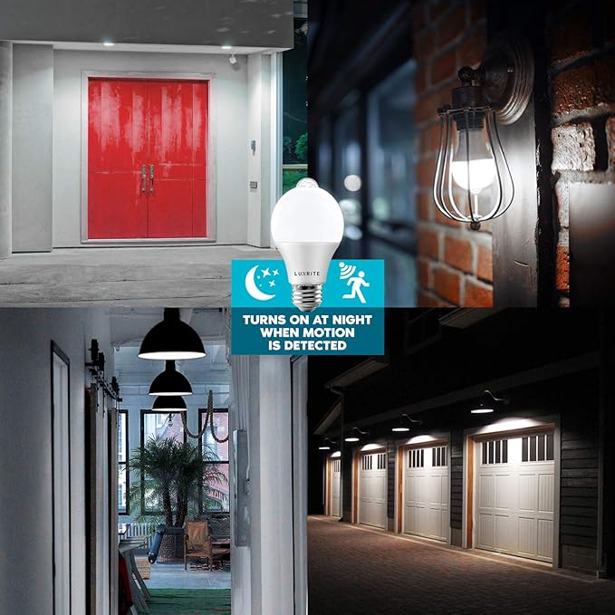 LUXRITE A19 LED Motion Sensor Light Bulbs, 60W Equivalent, Motion Activated Dusk to Dawn Sensor, 5000K Bright White, 800 Lumens, Security Light Bulb, Indoor/Outdoor, UL Listed, E26 Base (4 Pack)