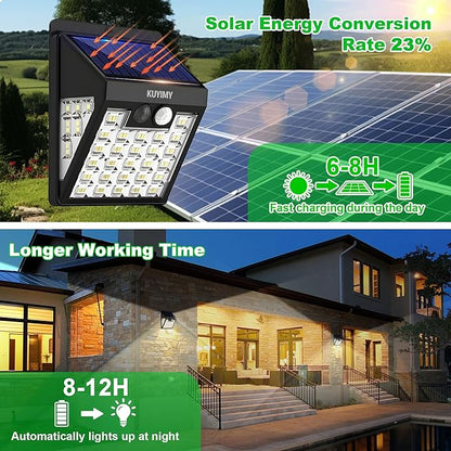 Solar Lights Outdoor, 72 LED Motion Sensor Wall Light, IP65 Waterproof and 3 Lighting Modes, Solar Powered Security Wireless Light Outside for Patio, Garden, Fence, Porch, Front Door(2 Packs)
