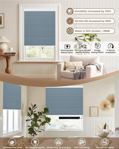 Kincmo Motorized Cellular Shades, Custom Motorized Blinds with Remote, Cordless Smart Electric Honeycomb Blinds Work with Apple HomeKit, Alexa, Google (100%-Blackout-Single-Cell Blue)