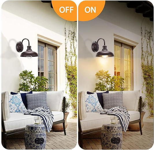 2-Pack Dusk to Dawn Gooseneck Outdoor Light Fixtures, Farmhouse Barn Lights for Porch, Industrial Brown Exterior Wall Sconce for Garage, Patio, E26 Base Anti-Rust for Garage Frontdoor Entryway Doorway