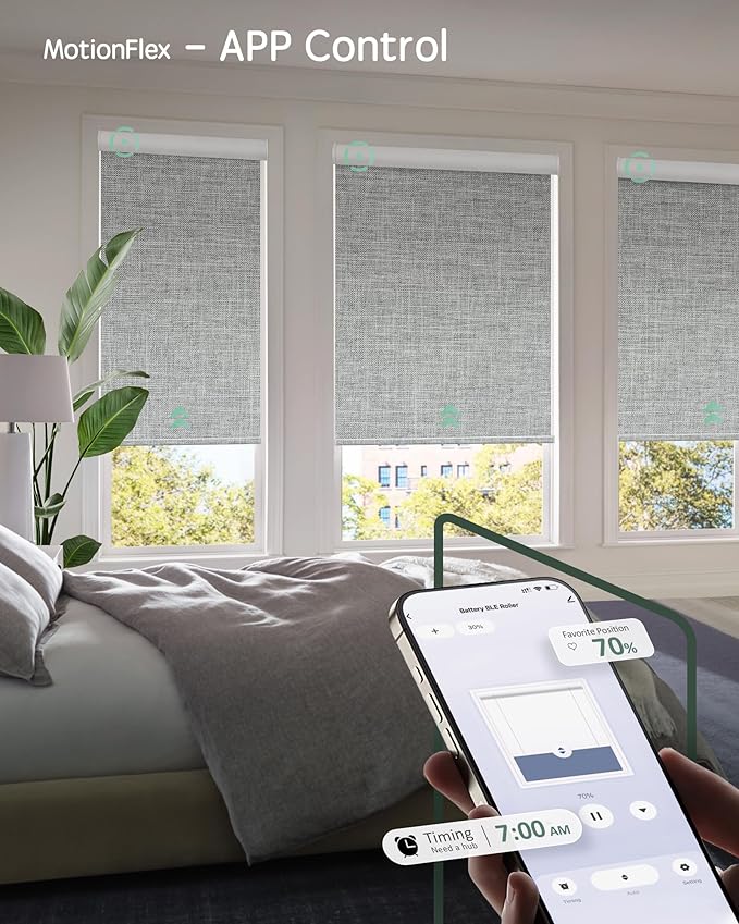 Yoolax Motorized Shades Dual Control, MotionFlex Motorized Roller Shades with App & Manual Control, Pull Down Automatic Shades for Indoor Windows, Custom Size(Blackout Smoky Gray)
