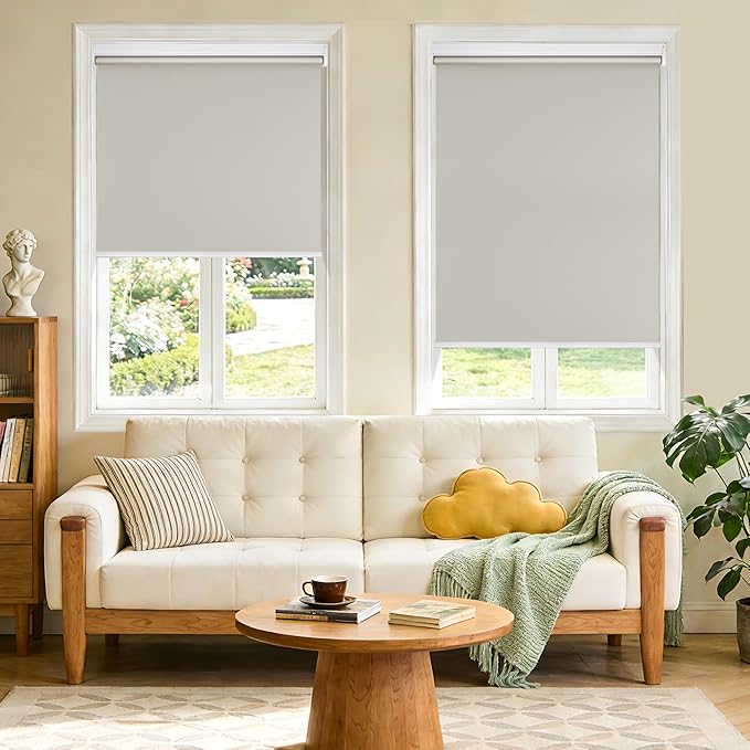 Grandekor Motorized Blinds with Remote Control, Blackout Roller Shade Electric Shades Cordless Smart Blinds for Bedroom Living Room Office,Beige,W32xH72
