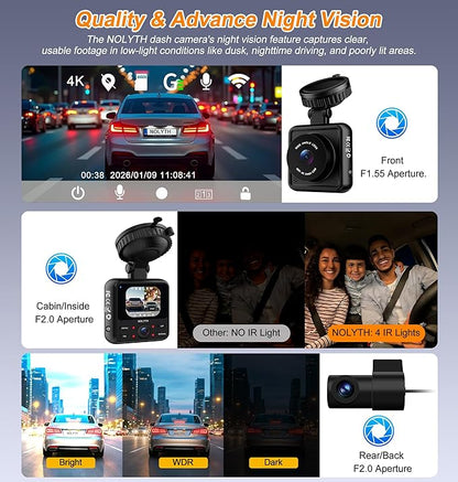 NOLYTH 4K Dash Cam 3-Channel: Front 4K Captures License Plates on Highway+Inside 2K+Rear 1080P 64GB Card 5G Wi-Fi & App 4IR Night Vision G-Sensor 24H Parking for Uber/Lyft/Families/New Drivers