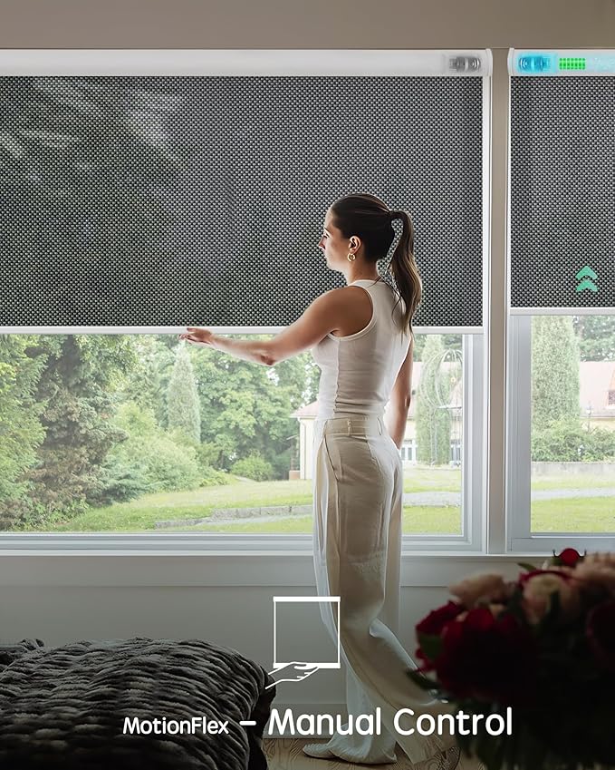 Yoolax Motorized Shades Dual Control, MotionFlex Motorized Solar Shades with App & Manual Control, Fireproof Waterproof Automatic Blinds for Indoor Windows, Custom Size (3% Openness Greyish Black)