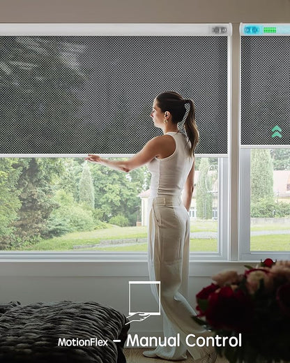 Yoolax Motorized Shades Dual Control, MotionFlex Motorized Solar Shades with App & Manual Control, Fireproof Waterproof Automatic Blinds for Indoor Windows, Custom Size (3% Openness Greyish Black)