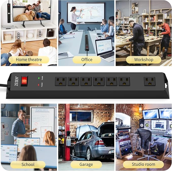 ZESEN 7 Outlet Metal Long Power Strip with Overload Protection & 1500J Surge Protection, 12ft Cord Wall Mounted Industrial Power Strip for Office Workshop Garage, ETL Listed(15A/1875W), Black