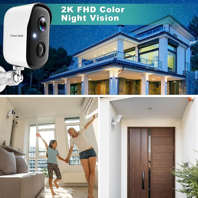Security Cameras Wireless Outdoor, Battery Powered AI Motion Detection Spotlight Siren Alarm WiFi Surveillance Indoor Home Camera, Color Night Vision, 2-Way Talk, Cloud/SD Storage-White WiFi Camera