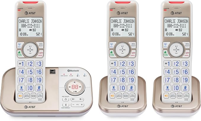 AT&T BL3112-3 3-Handset DECT 6.0 Cordless Phone for Home with Bluetooth Connect to Cell, Smart Call Blocker, Answering Machine, Caller ID, Expandable up to 5 Handsets, Champagne Gold/White