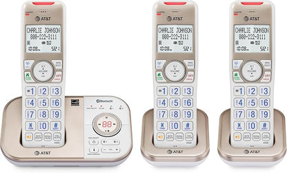 AT&T BL3112-3 3-Handset DECT 6.0 Cordless Phone for Home with Bluetooth Connect to Cell, Smart Call Blocker, Answering Machine, Caller ID, Expandable up to 5 Handsets, Champagne Gold/White