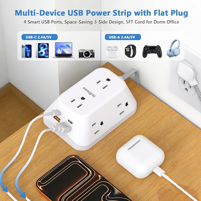 Surge Protector Outlet Extender, 6 Outlet Splitter with 4 USB Ports (2 USB C), 4 Sided 1050 J Multi Plug Wall Adapter Power Strip for Home Office Kitchen Travel