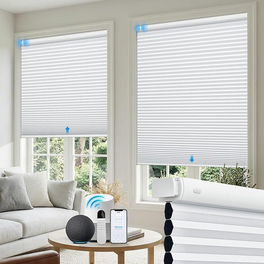 Motorized No Drill Cordless Cellular Shades, 1.5" Smart Electric Honeycomb Blind with Remote Control, Automatic No Drill Cellular Shades for Home and Office Indoor Window, Blackout White