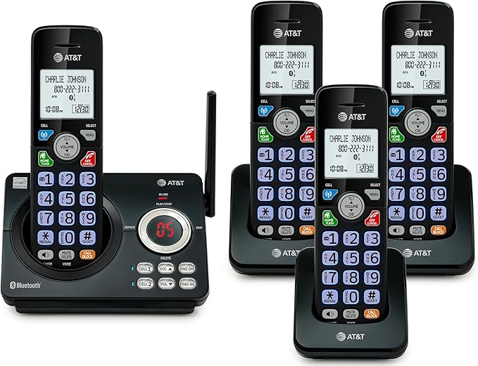 AT&T DL72479 4-Handsets Cordless Landline Phone System with Digital Answering Machine, Bluetooth Connect to Cell, Unsurpassed Range, Big Buttons,1000-Number Call Blocker - Black