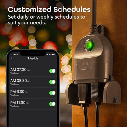 Geeni Outdoor Duo Wi-Fi Smart Plug | 2 Weatherproof Outlets, Compatible with Alexa & Google Assistant | Wireless Remote Control & Timer for Holiday Lights, Appliances, and More, 2-Pack