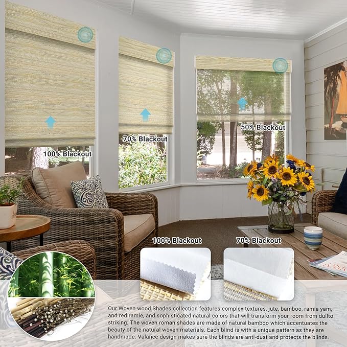 SmartWings Motorized Natural Woven Wood Shades Work with Matter Thread Homekit Z-Wave Alexa Google, 50%/70%/100% Blackout Electric Auto Roman Shades Cordless Remote Control Customized, Kenaf 253