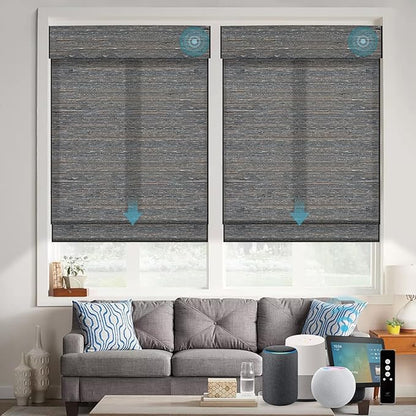 SmartWings Motorized Natural Woven Wood Shades for Windows Work with Matter Thread Homekit Z-Wave Alexa Google, 50%/70%/100% Blackout Electric Auto Roman Shades Cordless Remote Customized, Linen 007
