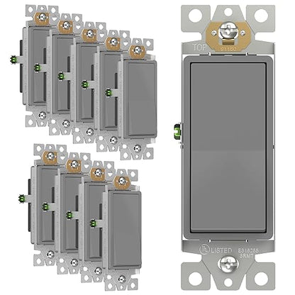 ENERLITES Decorator Paddle Rocker Light Switch, Gloss Finish, Single Pole, 3 Wire, Grounding Screw, Residential Grade,15A 120V/277V, UL Listed, 91150-GY-10PCS, Gray (10 Pack)
