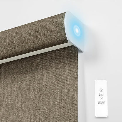 BERISSA Motorized Blinds with Remote,Blackout Smart Blinds for Windows,Linen Fabric,Remote Control,Thermal Insulated Automatic Blinds,Electric Blinds with USB/Solar Pannel.Linen Brown