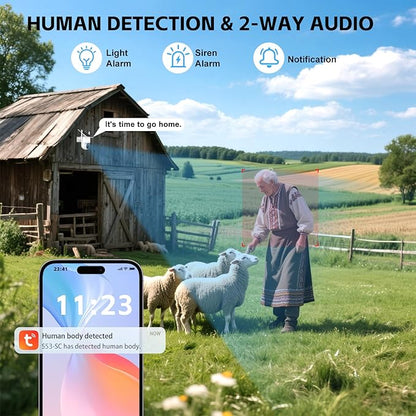 4G LTE Cellular Security Camera Outdoor,365 Days Free Unlimited Data,No WiFi Security Camera Solar Powered,360°Viewing,2K Color Night Vision,Tuya Smart Camera,PIR Motion Sensor,64GB Storage