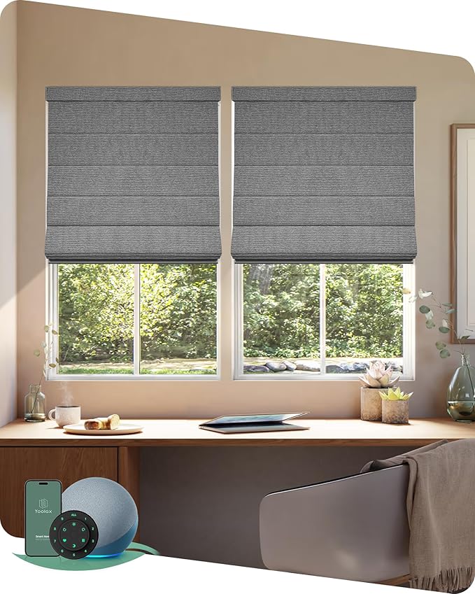 Yoolax Motorized Roman Shades with Remote, Smart Roman Shades for Indoor Windows, Blackout Automatic Blinds Work with Alexa, Google, Apple Homekit for Living Room Bedroom, Customized (Basalt Stripe)