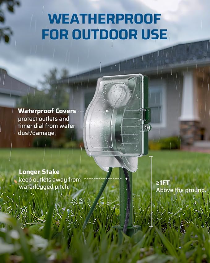 DEWENWILS Outdoor Power Stake Timer, 24-Hour Mechanical Timer, 6 Outlets | 1800W/15A Heavy Duty, 6ft Cord, Waterproof Cover, Overload Protection, Works for Yard, Garden, Patio Lights, ETL Listed