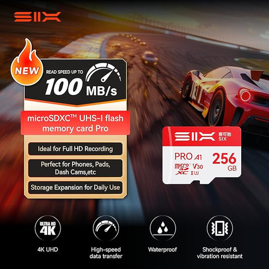 SIX M100 256GB Micro SD Card Read Up to 100MB/s - A1, U3, V30 Support 4K UHD microSDXC Memory Card 256GB with Adapter for Android Phones, Tablets, Dash Cams, Action Cameras, Drones, Gaming Consoles