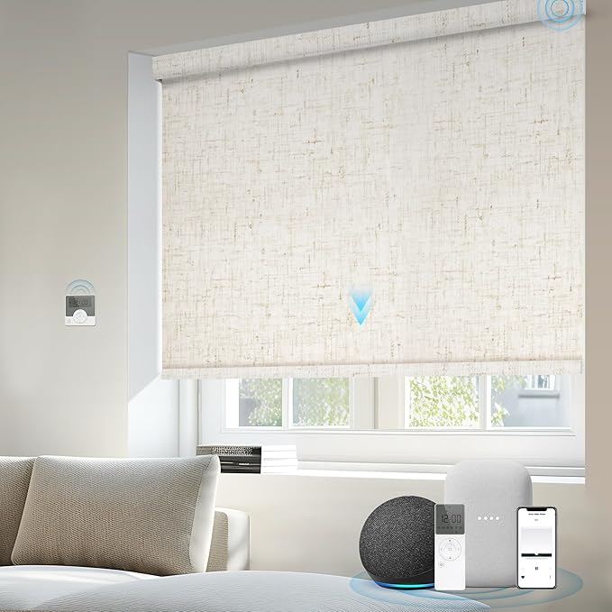 Motorized Blinds Compatible with Alexa Google 100% Blackout Smart Blind Automatic Window Roller Shades Remote Control Custom Size Linen Beige