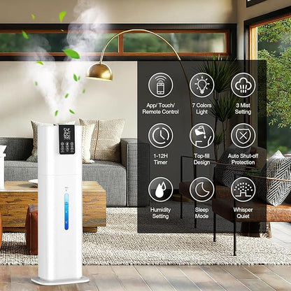 2.1Gal(8L) Smart Humidifier Large Room Bedroom Home, Quiet Top Fill Cool Mist Humidifier with Diffuser, Night Light, 3 Speed Humidifiers with 360° Nozzle, Timer, Humidity Setting for Plants Yoga Baby