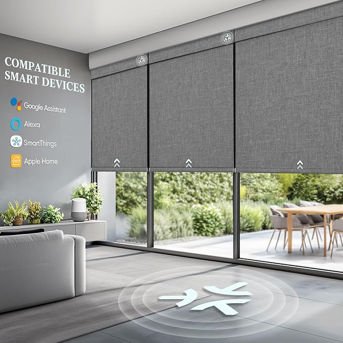 Motorized Blinds with Remote, Smart Blinds with Solar Panel, Cordless Blackout Automatic Shades with Matter Motor, Grey, 23×72