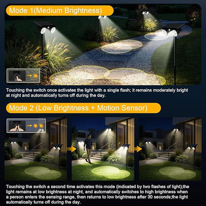 Solar Spot Lights Outdoor Waterproof 2Pack,2 Modes Motion Sensor Landscape Lighting for Outside Yard Garden Pathway,2-in-1 Wall&Spot LED Lights with 360° Adjustable Dual Heads(Cool White)