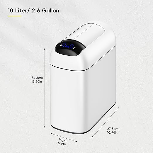 EKO Astro Slim Sensor Trash Can, 10L / 2.6 Gallon Touchless Garbage Bin with Soft-Close Retractable Wing Lid, Motion Sensor Stainless Steel Garbage Can for Bathroom, Kitchen, Office, Waterproof, White
