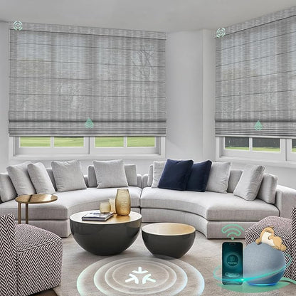 Yoolax Motorized Matter Roman Shades Light Filtering Smart Blinds for Windows Compatible with Alexa, Google Home, Homekit, Automatic Roman Shades with Remote Customized (Strip Light Grey)