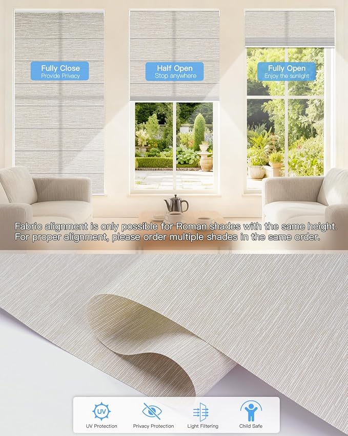 Motorized Roman Shades for Windows, Custom Light Filtering Roman Blinds with Remote, Smart Privacy Window Shades for Living Room Kitchen Office, Alexa & Google Home Compatible, App Control via RF Hub