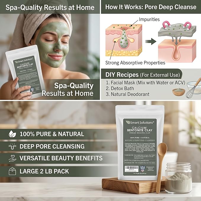 SMART SOLUTIONS Calcium Bentonite Clay, 2 lb Pure Indian Healing Clay - All Natural for External Use | DIY Facial Treatments, Deodorants, Hair Masks