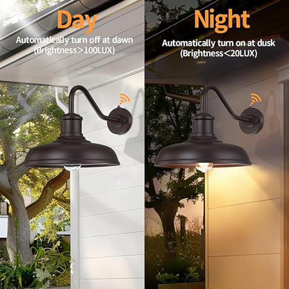 13.8'' Large Dusk to Dawn Outdoor Gooseneck Barn Light, 2-Pack Outdoor Wall Sconce Farmhouse Exterior Light Wall Lighting Fixture Industrial Lantern for Porch, Entryway, Garage, Brown