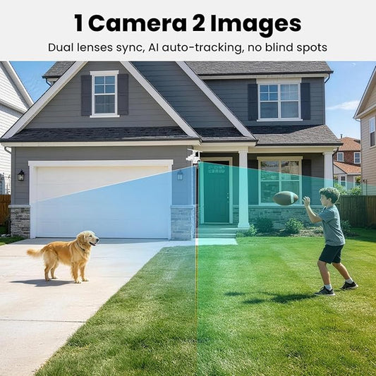Dual Lens Wireless Home Security System Outdoor, Solar-Powered, 4PCS 2-in-1 Cameras, 10CH 4K NVR, 500GB HDD, 2.4/5GHz WiFi 6, AI Tracking, 360° PTZ, Color Night Vision, IP66, No Monthly Fee